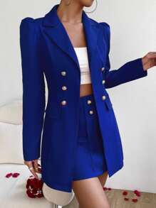 Chiquease Double Breasted Blazer & Skirt Fall Cloth For Women - Royal Blue - View 3