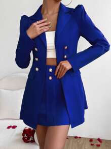 Chiquease Double Breasted Blazer & Skirt Fall Cloth For Women - Royal Blue - View 4