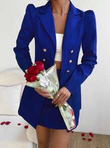 Chiquease Double Breasted Blazer & Skirt Fall Cloth For Women - Royal Blue - View 5