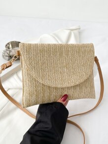 翻蓋草編包附包飾書包適用於青少年大學學生 - 卡其色 - 查看 1