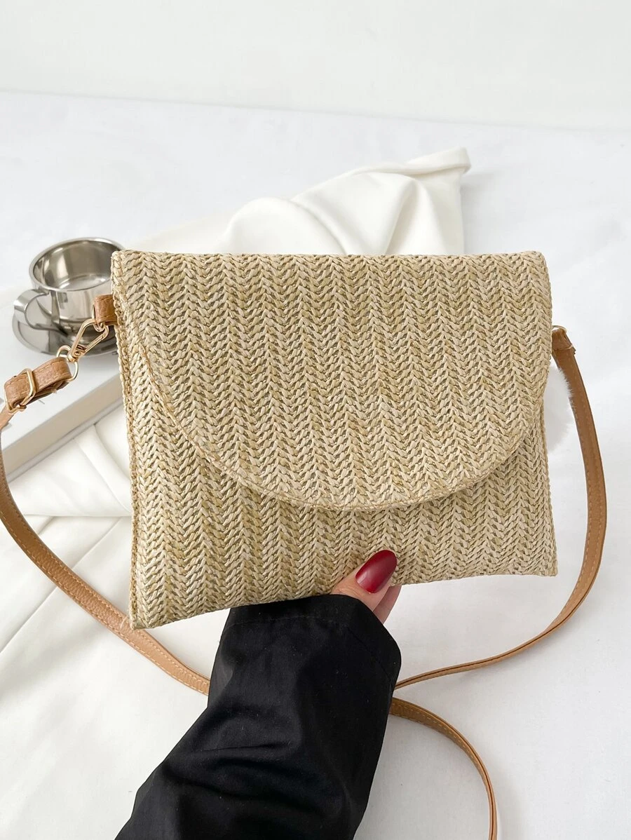 翻蓋草編包附包飾書包適用於青少年大學學生 - 卡其色 - 查看 1