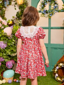 SHEIN 小女童1入組碎花網紗拼接泡泡袖連衣裙 - 彩色 - 查看 3