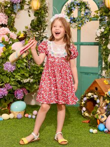 SHEIN 小女童1入組碎花網紗拼接泡泡袖連衣裙 - 彩色 - 查看 4