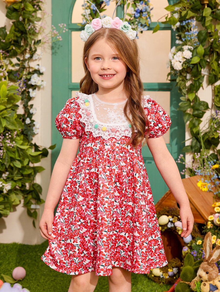 SHEIN 小女童1入組碎花網紗拼接泡泡袖連衣裙 - 彩色 - 查看 1