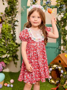 SHEIN 小女童1入組碎花網紗拼接泡泡袖連衣裙 - 彩色 - 查看 5