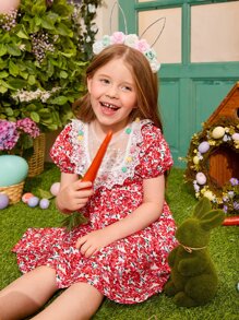 SHEIN 小女童1入組碎花網紗拼接泡泡袖連衣裙 - 彩色 - 查看 6