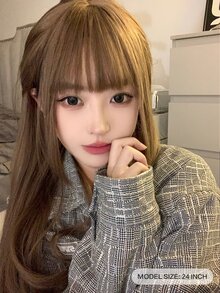 วิกผมปลอม ยาว ตรง มีหน้าม้า - สีน้ำตาล - ดู 2