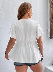 SHEIN VCAY Plus Contrast Lace Tie Front Peplum Blouse - White - View 5