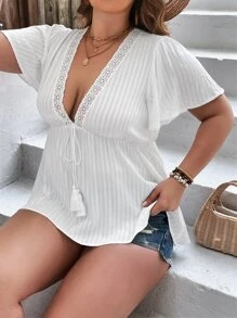 SHEIN VCAY Plus Contrast Lace Tie Front Peplum Blouse - White - View 2