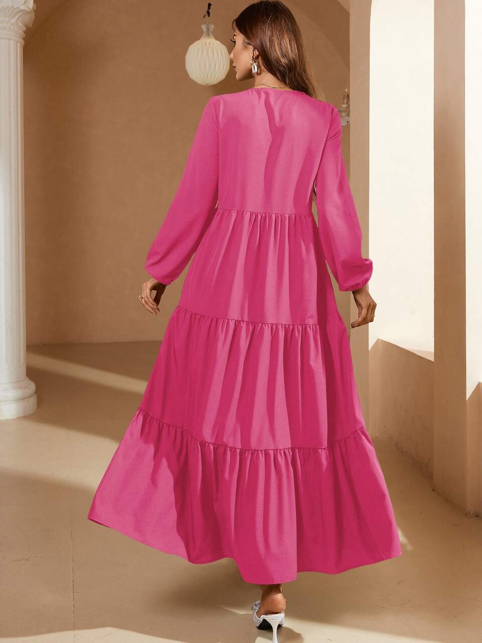 Tie Neck Ruffle Hem Smock Dress Maxi Women Outfit