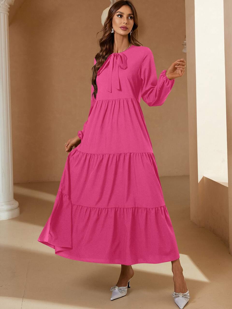 Tie Neck Ruffle Hem Smock Dress Maxi Women Outfit