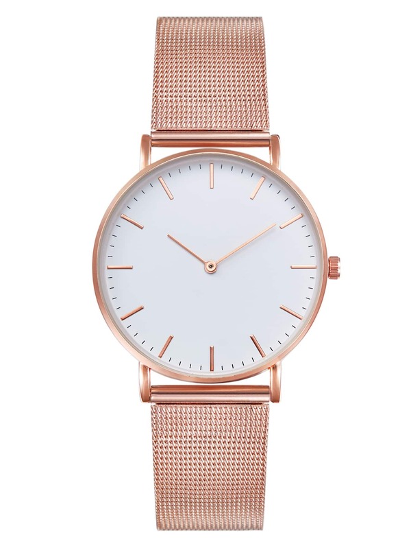 1款男女通用玫瑰金表壳白色表盘不锈钢网状表带简约无刻度模拟腕表，优雅休闲商务时尚风格石英机芯腕表，适合日常佩戴、办公室聚会、周年纪念、生日等场合，是情侣、成人、青少年理想的礼物之选。