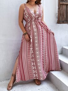 SHEIN VCAY Plus Geo Print Split Thigh Cami Dress - Multicolor - View 1