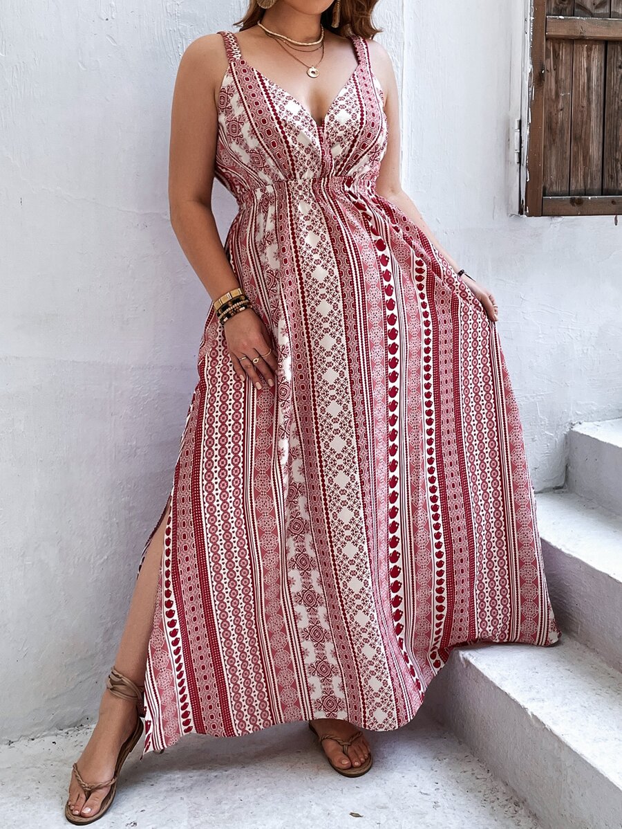 SHEIN VCAY Plus Geo Print Split Thigh Cami Dress - Multicolor - View 1