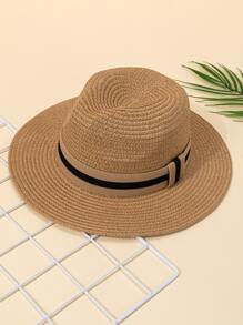 Toddler Kids Striped Pattern Tape Decor Straw Hat - Khaki - View 1