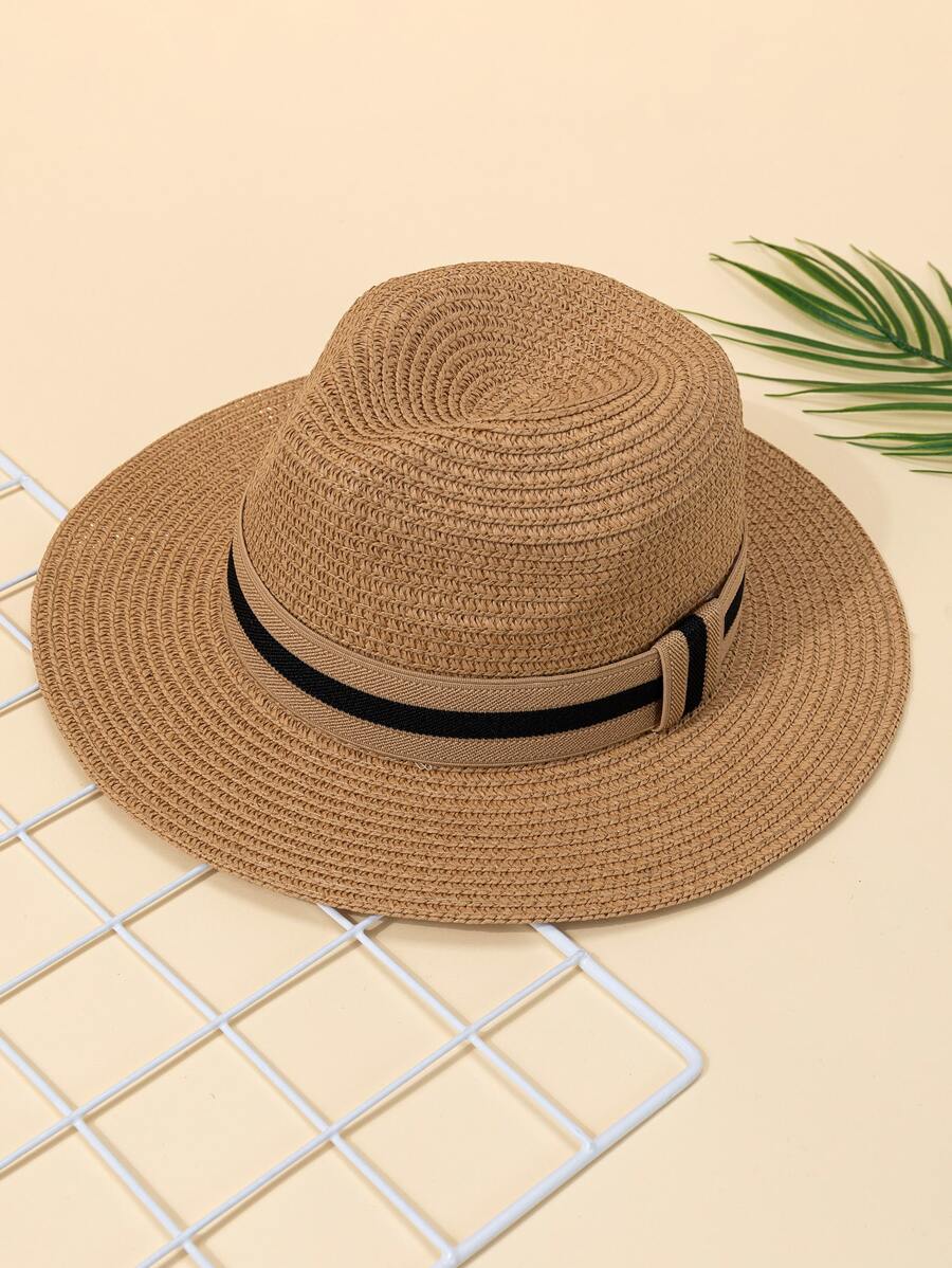 Toddler Kids Striped Pattern Tape Decor Straw Hat - Khaki - View 1