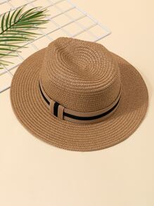 Toddler Kids Striped Pattern Tape Decor Straw Hat - Khaki - View 2