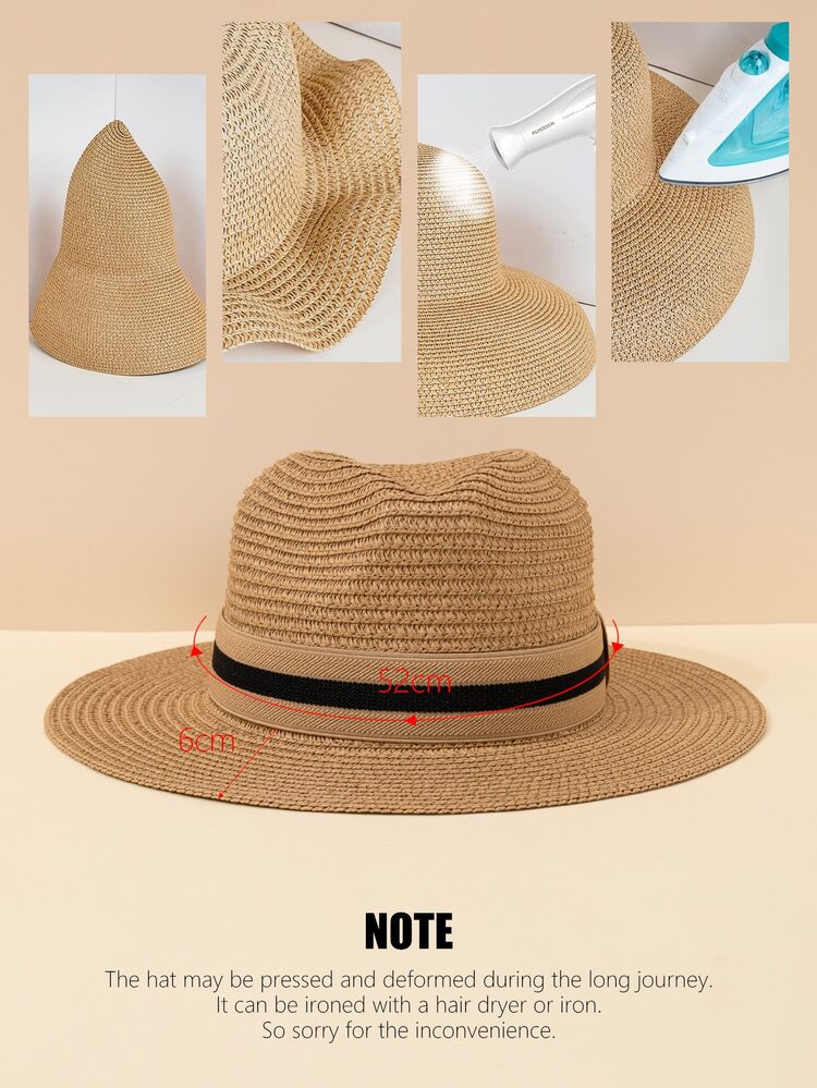 幼童條紋圖案織帶裝飾草編帽 - 卡其色 - 查看 5