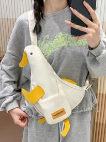 1pc White Fashion Cute Duck Shape Crossbody Bag, Unique Cartoon Animal Style Zipper Closure Mini Shoulder Bag, Campus Fresh Girl - Beige - View 4