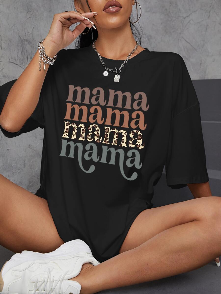 SHEIN EZwear 字母图案落肩 T 恤 Mama Mama Mama Mama - 黑色 - 查看 1