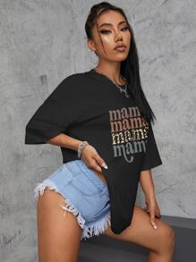 SHEIN EZwear 字母图案落肩 T 恤 Mama Mama Mama Mama - 黑色 - 查看 4