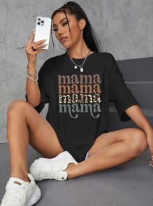 SHEIN EZwear 字母图案落肩 T 恤 Mama Mama Mama Mama - 黑色 - 查看 5