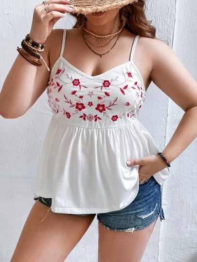 SHEIN VCAY Plus Floral Embroidery Peplum Cami Top