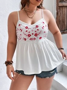 SHEIN VCAY Plus Floral Embroidery Peplum Cami Top - White - View 5