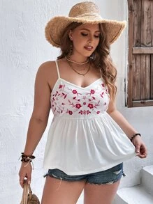 SHEIN VCAY Plus Floral Embroidery Peplum Cami Top - White - View 3