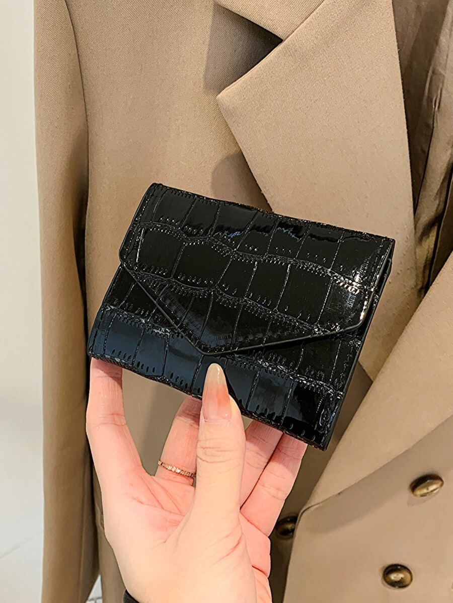 鳄鱼压纹翻盖口袋钱包 小号双折超薄女士钱包 轻质 PU 皮革 ID 卡 简约时尚 现代商务 情人节周年纪念 生日礼物 女士 女孩 女士礼品袋 礼物 教师礼物 学校用品 教师礼物 返校女士钱包 钱包 小钱包 - 黑色 - 查看 1