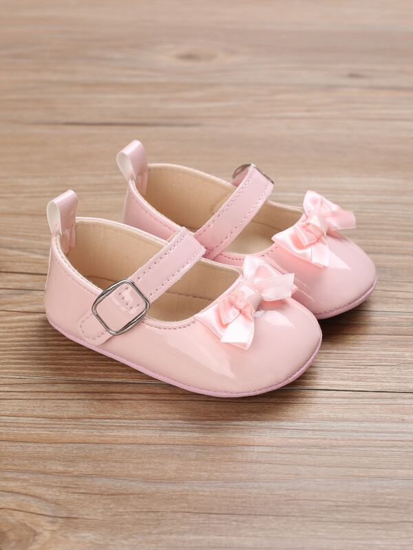 Preppy Pink Mary Jane Shoes For Baby Girls, Bow Decor Stitch Detail Flats