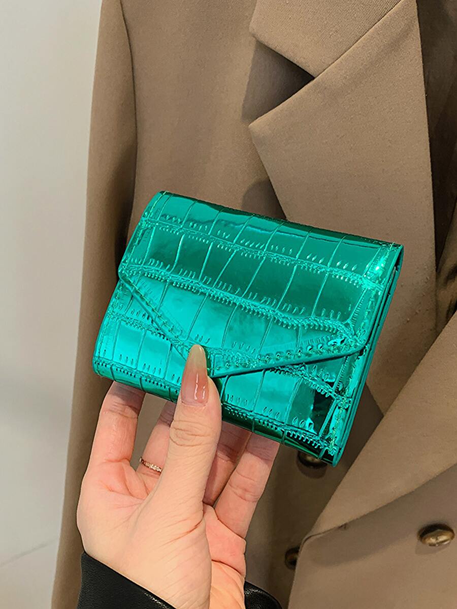 鳄鱼压纹翻盖口袋钱包小号双折超薄女士钱包 PU 皮革身份证简约时尚现代商务周年纪念情人节生日礼物女士女士礼物商务休闲女士钱包钱包小钱包 - 綠色 - 查看 1