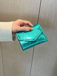 鳄鱼压纹翻盖口袋钱包小号双折超薄女士钱包 PU 皮革身份证简约时尚现代商务周年纪念情人节生日礼物女士女士礼物商务休闲女士钱包钱包小钱包 - 綠色 - 查看 2