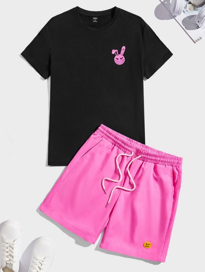 Herren Baumwolle T-Shirt mit Cartoon Grafik & Shorts mit Kordelzug an der Taille