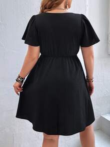 SHEIN VCAY Plus Floral Embroidery Butterfly Sleeve Dress - Black - View 4