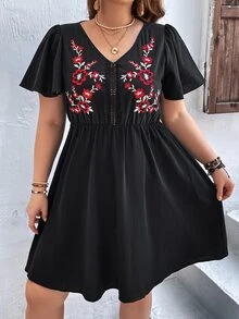 SHEIN VCAY Plus Floral Embroidery Butterfly Sleeve Dress - Black - View 6