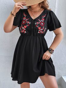 SHEIN VCAY Plus Floral Embroidery Butterfly Sleeve Dress - Black - View 3