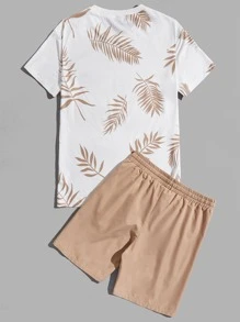 Manfinity VCAY 男士热带印花T恤和抽绳短裤夏季套装 - 彩色 - 查看 2