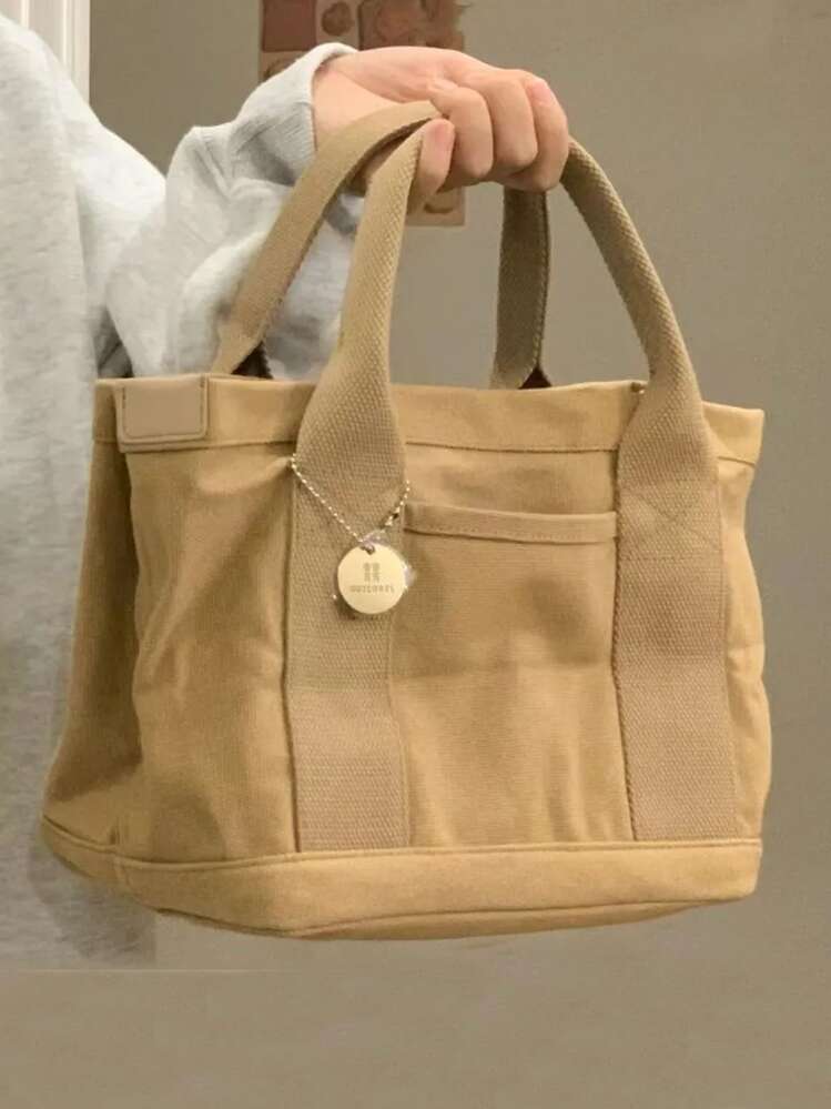 純色托特挎包輕便托特帆布包多功能工作包帶扣極簡大容量水桶包 - 卡其色 - 查看 2