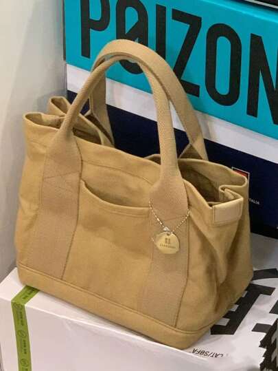 Solid Color Tote Satchel Bag, Lightweight Tote Canvas Bag, Multifunctional Bag For Work With Button Minimalist Large Capacity Bucket Bag, Literary School Bag For Teens, Book Bag For Women Or Students, Perfect For Books, Shopping, Back To School And More