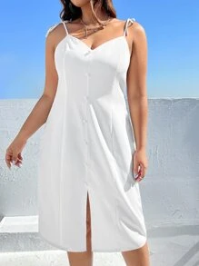 SHEIN EZwear Plus Button Front Split Hem Cami Dress - White - View 5