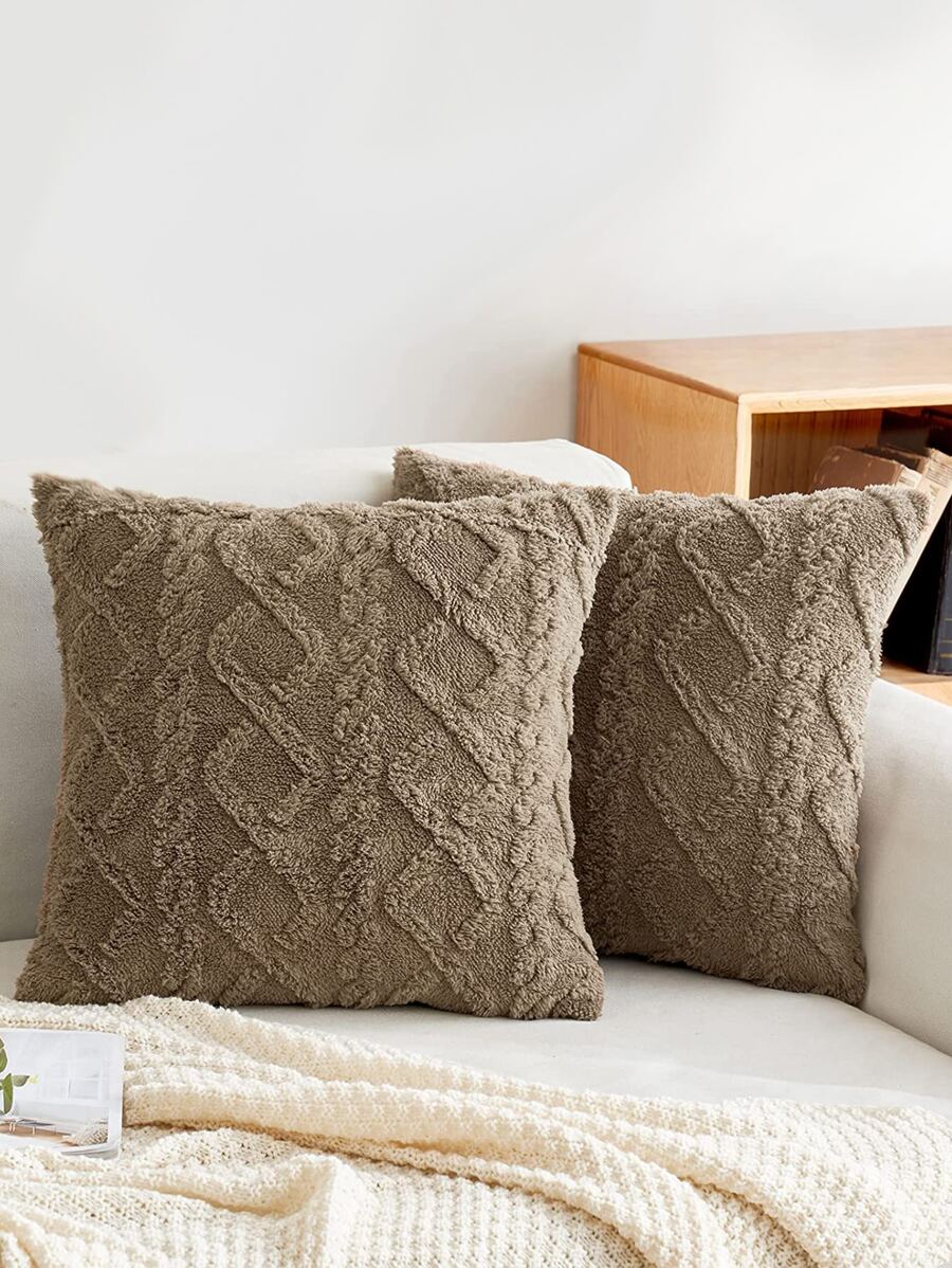 1入組幾何簇絨靠墊套無填充物咖啡棕色沙發抱枕套 - 咖啡棕 - 查看 1