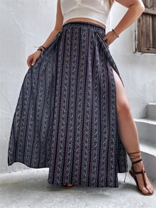 SHEIN VCAY 大碼滿版印花高衩半身裙 - 彩色 - 查看 1