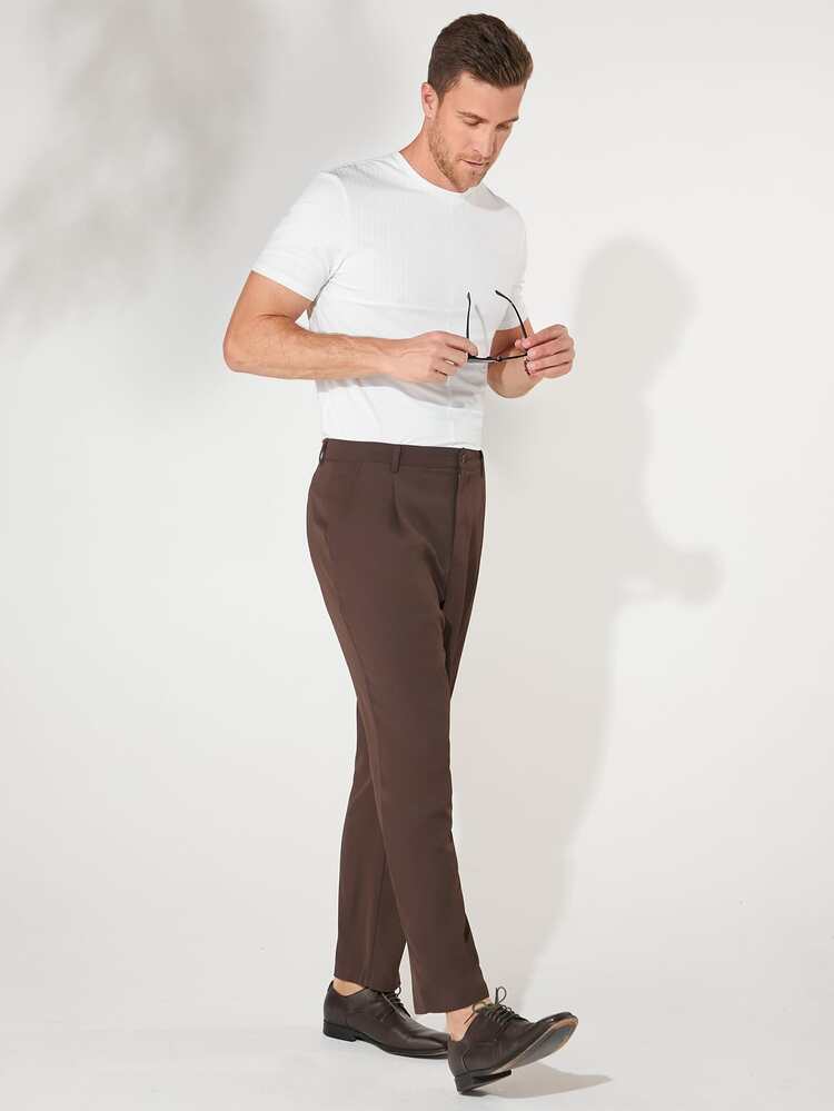 Manfinity Hombres Pantalones de traje unicolor con bolsillo oblicuo - Marrón Chocolate - Añade 3