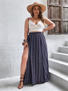 SHEIN VCAY 大碼滿版印花高衩半身裙 - 彩色 - 查看 6