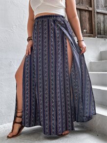 SHEIN VCAY 大碼滿版印花高衩半身裙 - 彩色 - 查看 3