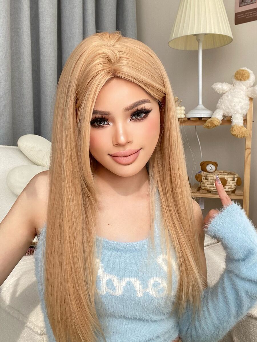 1pc Bloned Center Part Long Straight Synthetic Wig Hairpiece, 26 Inches, Heat Resistant Fiber, Suitable For Daily Use With Natural Look. - Gold - View 1