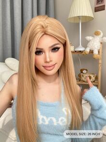 1pc Bloned Center Part Long Straight Synthetic Wig Hairpiece, 26 Inches, Heat Resistant Fiber, Suitable For Daily Use With Natural Look. - Gold - View 2