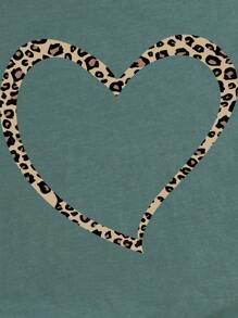 SHEIN LUNE Áo thun nữ Tim In hoa Báo Giải trí - Màu xanh lá cây đậm - Xem 3