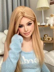 1pc Bloned Center Part Long Straight Synthetic Wig Hairpiece, 26 Inches, Heat Resistant Fiber, Suitable For Daily Use With Natural Look. - Gold - View 3